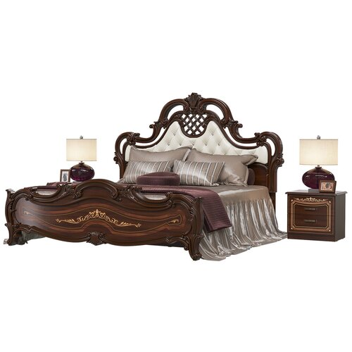 Кровать с мягким изголовьем с основанием Грация 1800 и две прикроватные тумбы цвет орех тайский