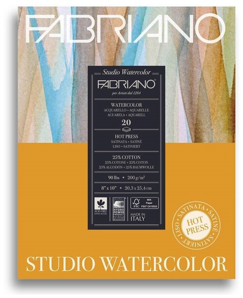 Альбом для акварели Fabriano Watercolour Studio 200г/м. кв 20,3x25,4см Сатин 20 листов склейка по 1 стороне