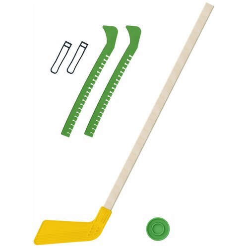 Детский хоккейный набор для игр на улице, свежем воздухе для зимы для лета Клюшка хоккейная детская жёлтая 80 см. + шайба + Чехлы для коньков зеленые