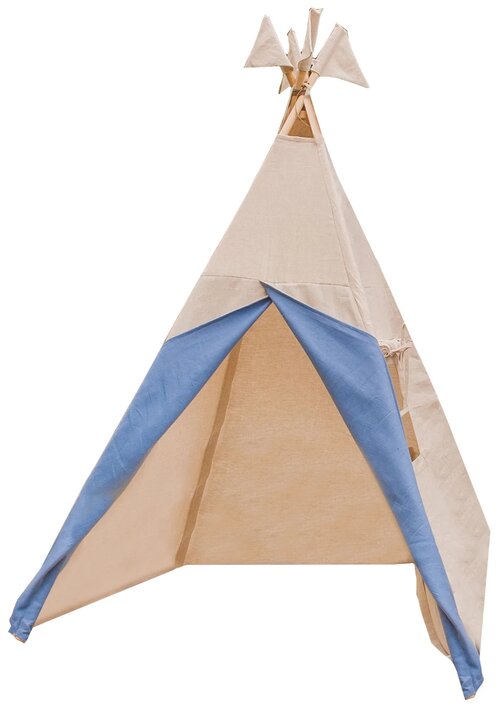 Палатка VIGVAM shop вигвам льняной с флажками и системой антискладывания с цветными шторками, бежево-серый/лазурь