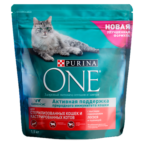 Сухой корм для стерилизованных кошек и котов Purina One с лососем и пшеницей, 1,5 кг