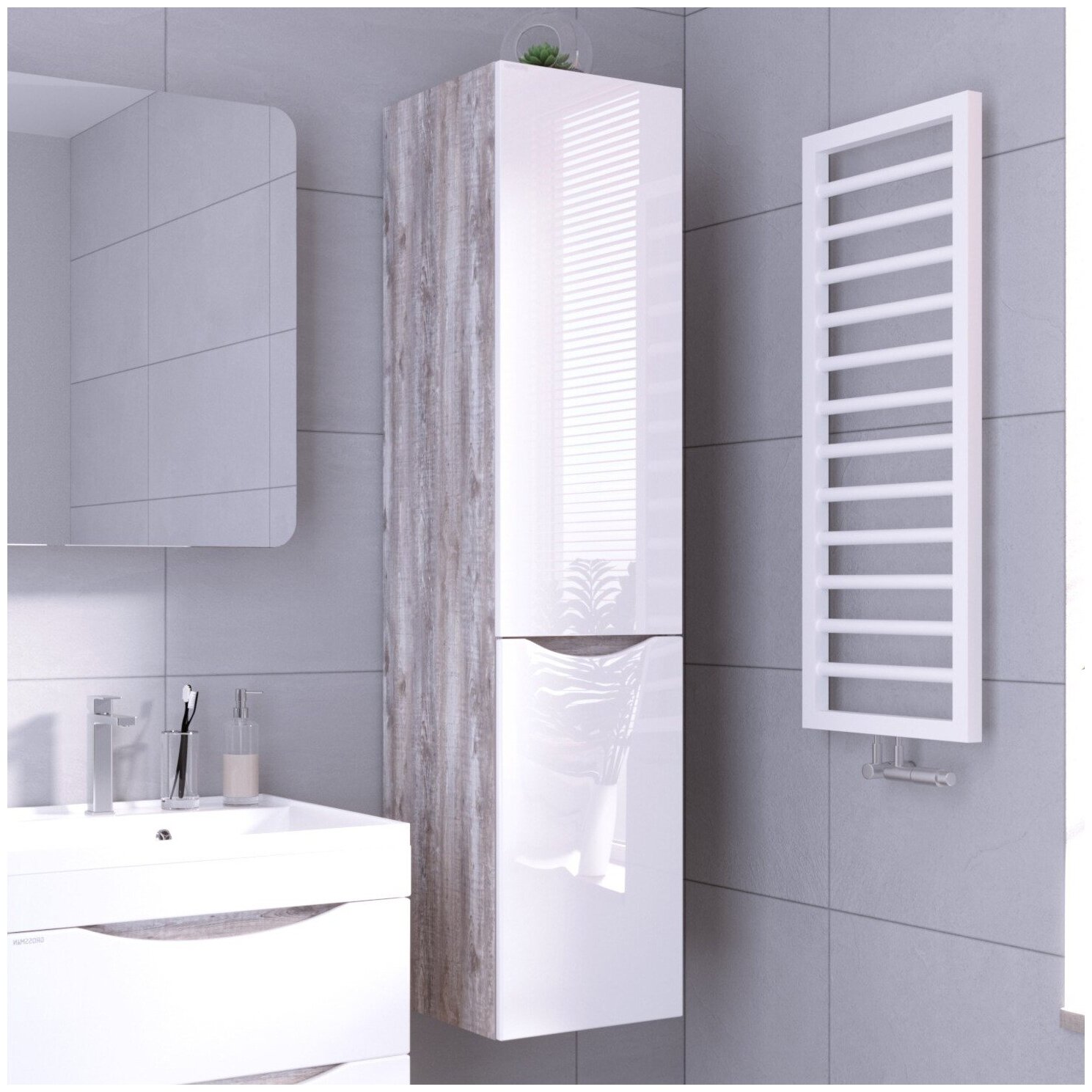 Пенал для ванной комнаты подвесной ТАЛИС-35 см с б/к универсальный бетон пайн/белый глянец - фотография № 3