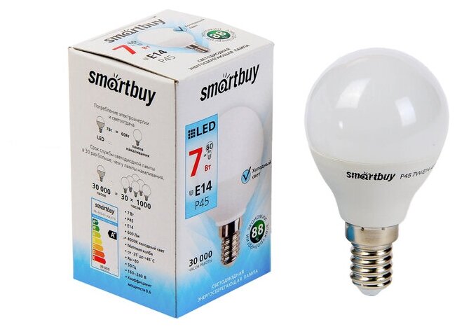 Лампа cветодиодная Smartbuy, Е14, P45, 7 Вт, 4000 К, дневной белый свет