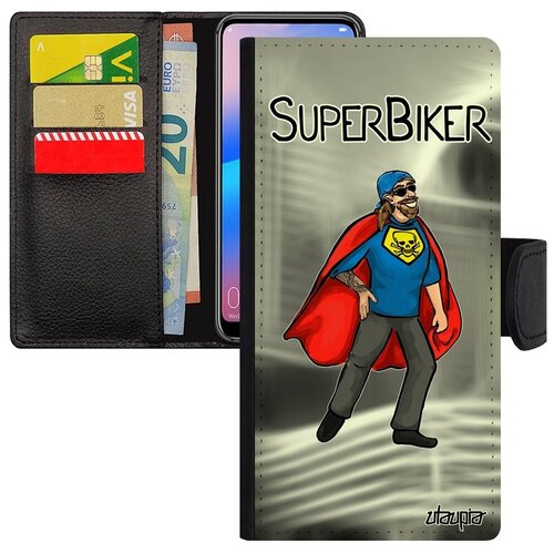фото Ударопрочный чехол книжка на смартфон // xiaomi redmi 6a // "супербайкер" мотоциклист комичный, utaupia, серый