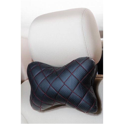 Подушка на подголовник NEW, ромб, красная нить экокожа черный