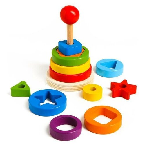 Пирамидка деревянная сортер кольца логическая, двойная. Монтессори развивающая игрушка пирамидка сортер