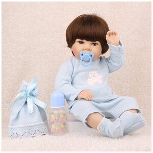 Фото Reborn Kaydora Виниловая кукла Реборн (Reborn Dolls) - Девочка в голубом свитере с мишкой (56 см)