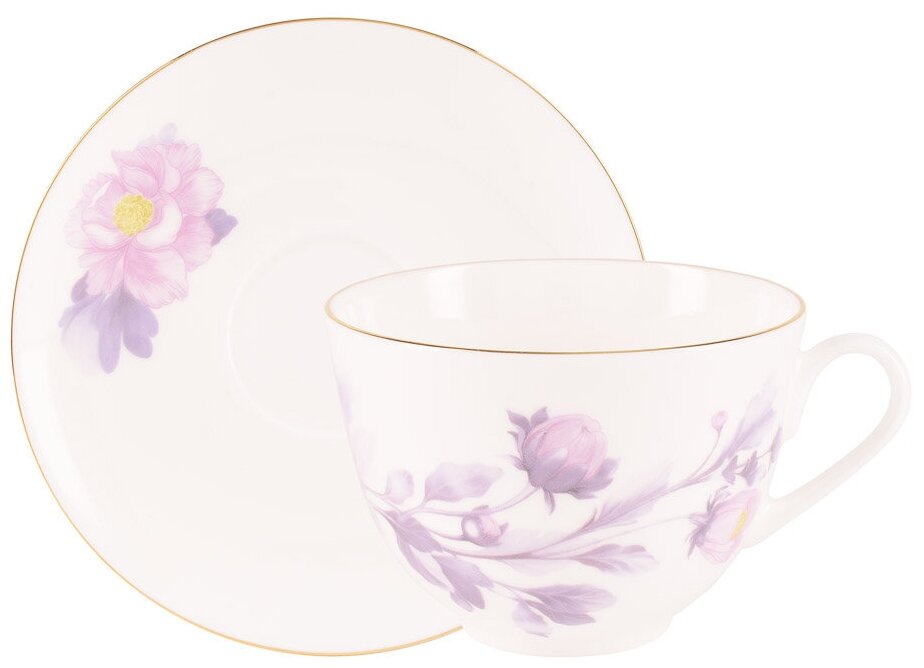 фото Чашка с блюдцем чайная. Императорский Фарфоровый завод. Форма Весенняя - 2. Рисунок Нежный пион (серый). 250 мл.