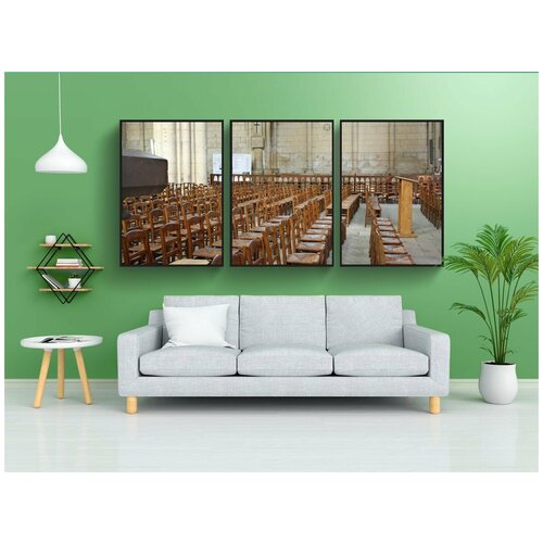 фото Набор модулных постеров для интерьера "церковные стулья, деревянные стулья, ряды стульев" 60x90 см. в тубусе, без рамки lotsprints