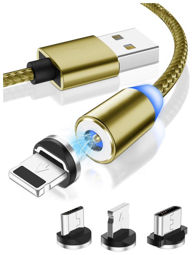 Кабель магнитный USB для зарядки 3 в 1 Lightning, Type-C, micro USB ультрапрочный, для iPhone/Android/ Samsung Type-C, золотой