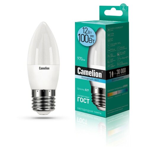 фото Эл.лампа светодиодная свеча led12-с35/845/e27 (12w=100вт 970lm 220в) camelion