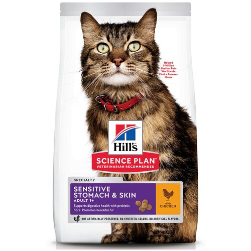 Корм Hill's Science Plan Sensitive Stomach & Skin для взрослых кошек для здоровья ЖКТ курица с яйцом и рисом, 7 кг
