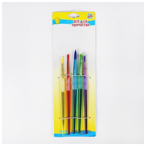 Набор кистей ТероПром 2694230 нейлон 5 штук, круглые, с цветными ручками, с резиновыми держателями