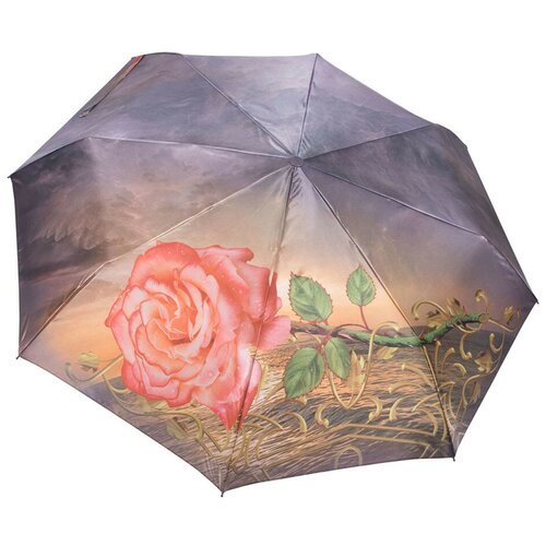 DINIYA зонт женский роза, 3 сложения, суперавтомат, сатин, купол 104 см. 901-03 красный/фиолетовый/бежевый  