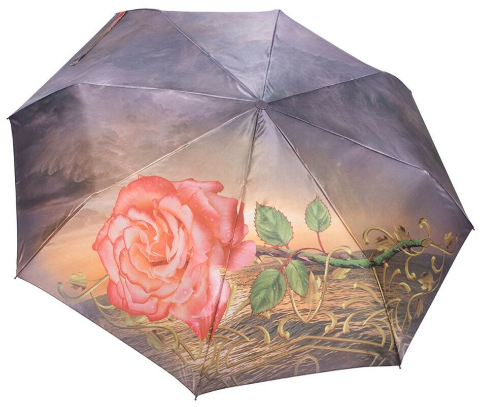 DINIYA зонт женский роза, 3 сложения, суперавтомат, сатин, купол 104 см. 901-03