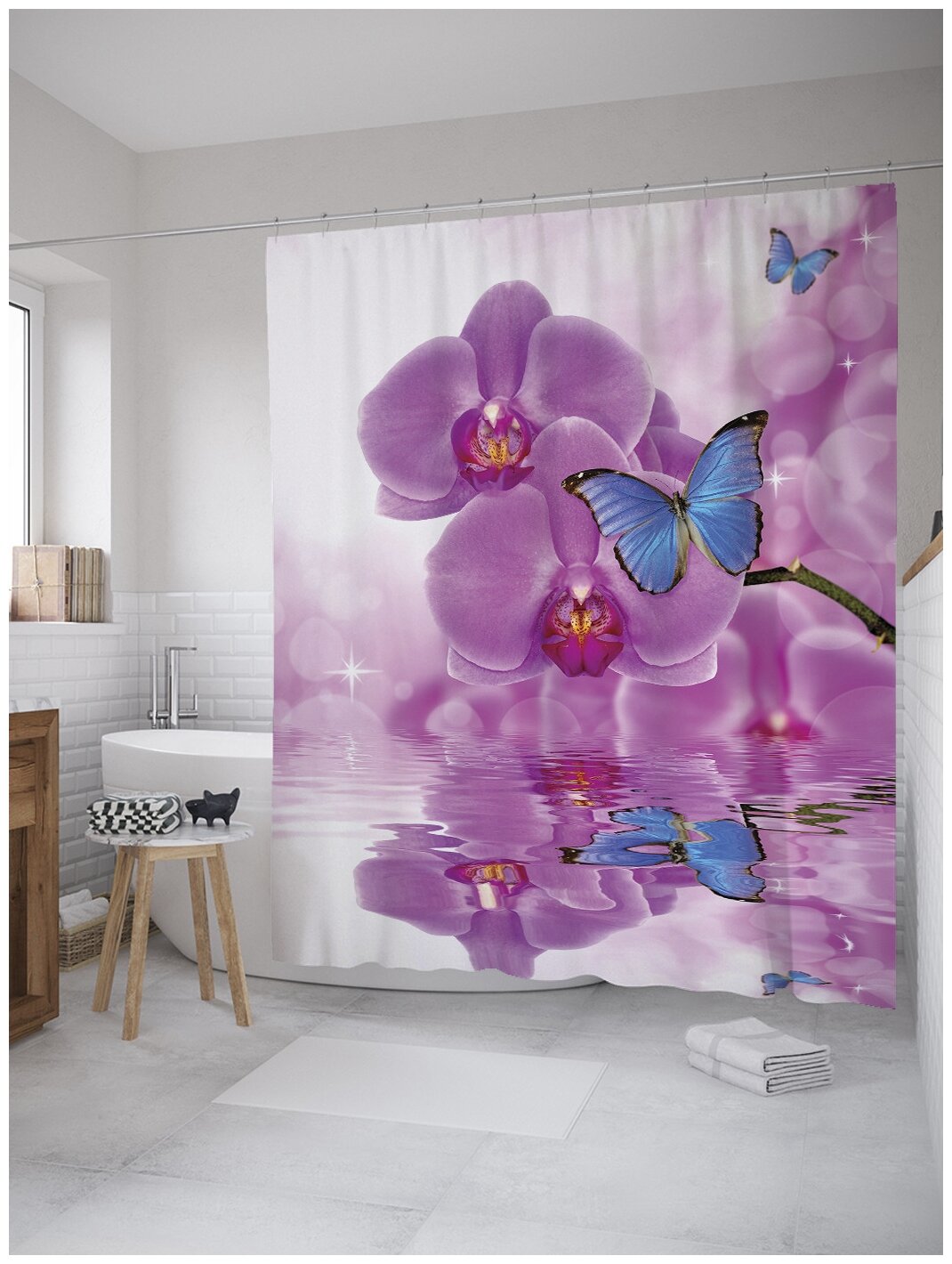 Штора (занавеска) для ванной JoyArty "Бабочка на орхидее" из сатена, 180х200 см с крючками