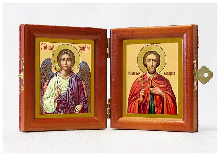 Складень именной "Мученик Виктор Коринфский - Ангел Хранитель", из двух икон 8*9,5 см