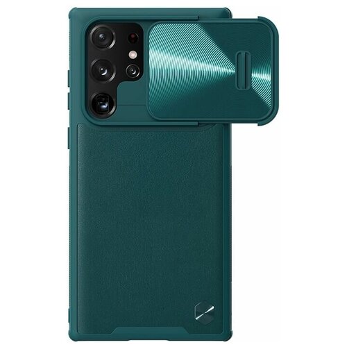 Противоударный кожаный чехол с защитой камеры Nillkin CamShield Leather Case S для Samsung Galaxy S22 Ultra, зеленый