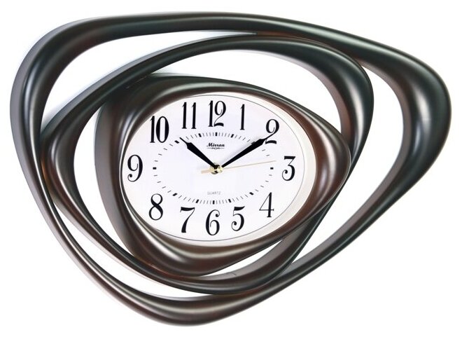 Большие настенные кварцевые часы MIRRON S99A ТДБ/Часы космос/Форма орбита/Оригинальные часы/Тёмно-коричневый цвет корпуса/Белый (светлый) циферблат/Бесшумный плавный механизм
