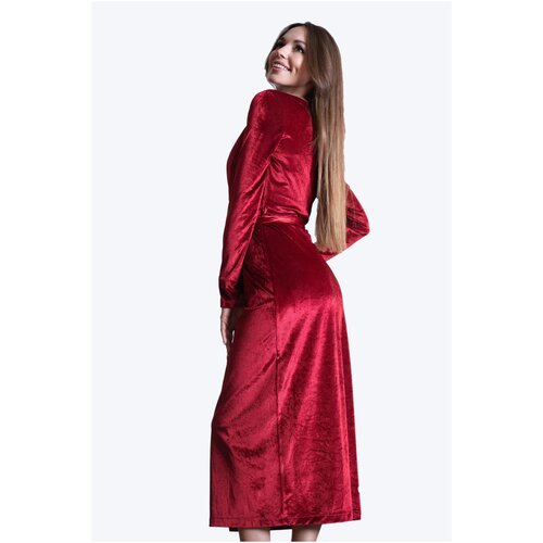 Красное платье с запахом, бархатное платье, вечернее платье с длинным рукавом, длина миди