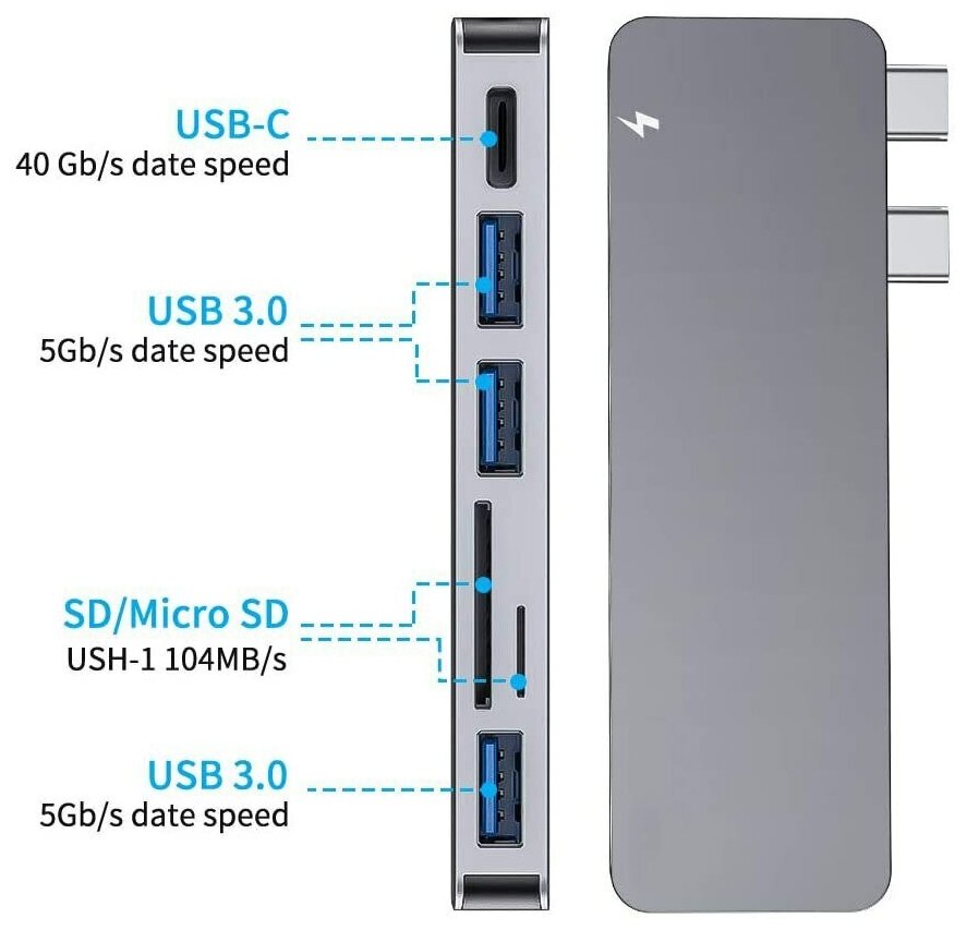 USB-концентратор (хаб, адаптер, переходник) Aluminum Type-C 6 в 1 (Gray) для MacBook