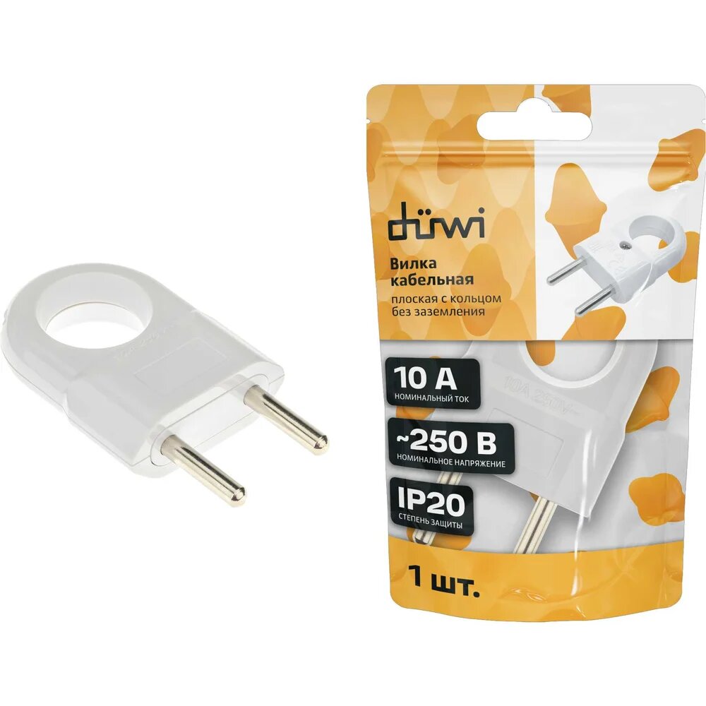 Вилка duwi без заземления с кольцом белая 10А 250В (евровилка CEE 7/16) 30474 6
