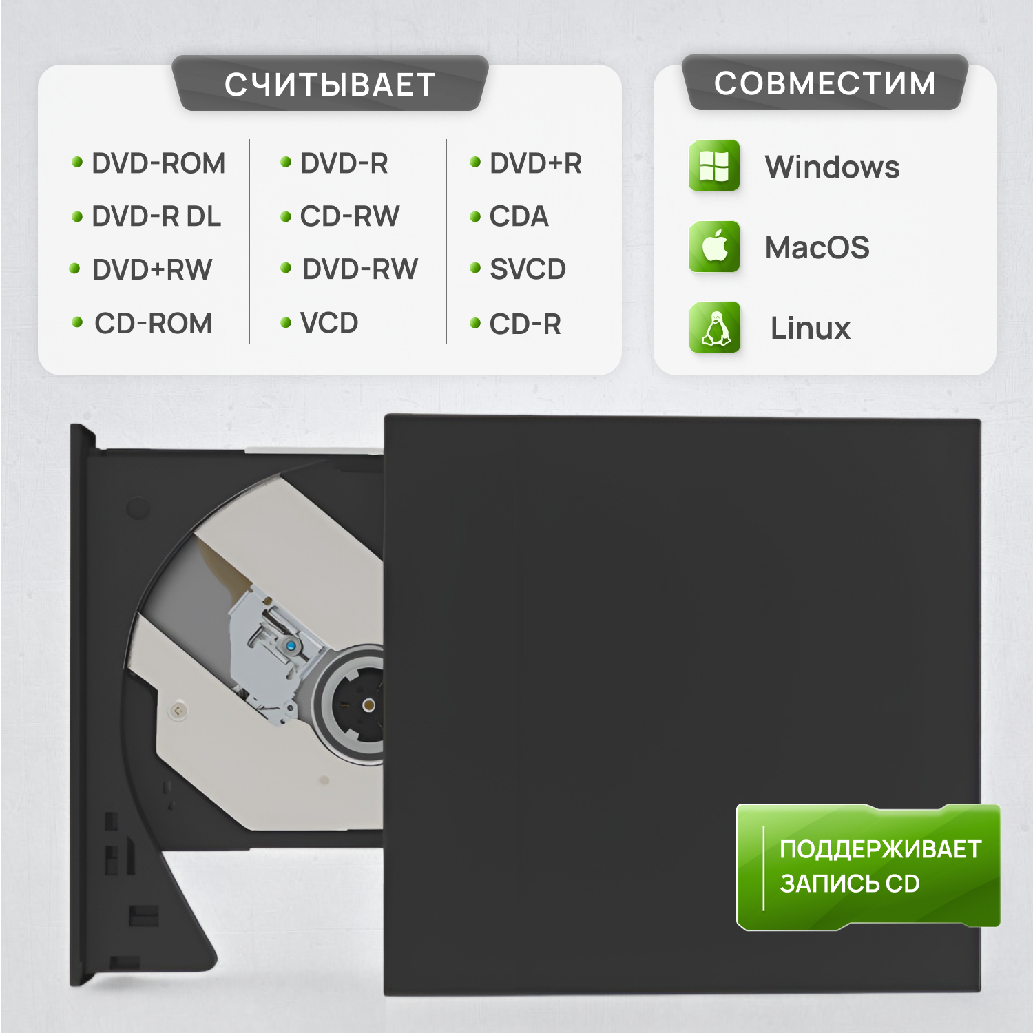 Внешний CD-ROM/RW, DVD-ROM привод / оптический привод / внешний дисковод / DVD-R, ROM, CD-R, CD-RW, CD-ROM, USB DVD-USB-02 черный с 2-мя кабелями — фото 1