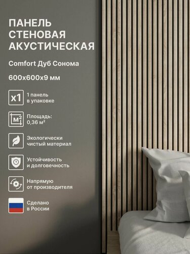 Изображение товара Панель стеновая с рейками акустическая с 3D эффектом; Коллекция: Standart Comfort Цвет: Дуб Сонома 600х600х9 мм