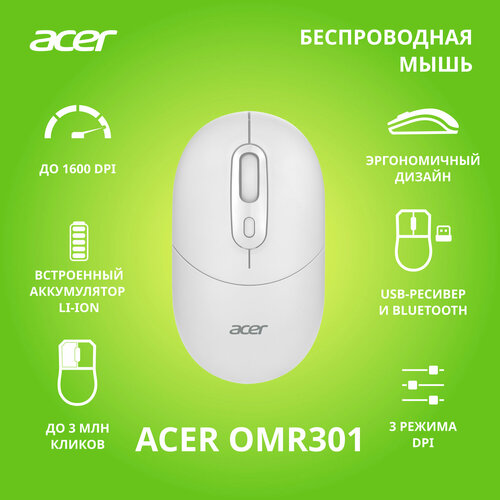 Бепроводная мышь Acer OMR301 белый 1600dpi BluetoothUSB 4 кнопки 2086₽