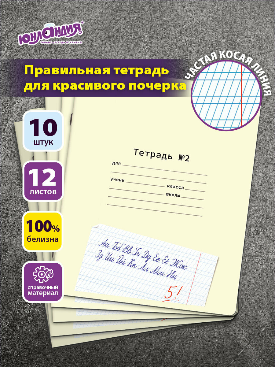 Тетрадь в частую косую линейку 12 листов для школы набор 10 штук, прописи для школьников, Юнландия, 404858