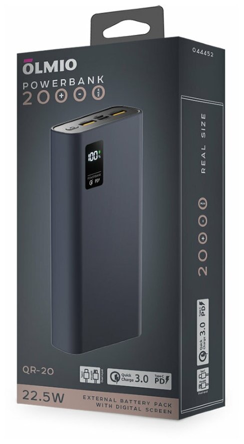 Внешний аккумулятор Olmio QR-20 20000mAh 22.5W PD Синий — фото 1