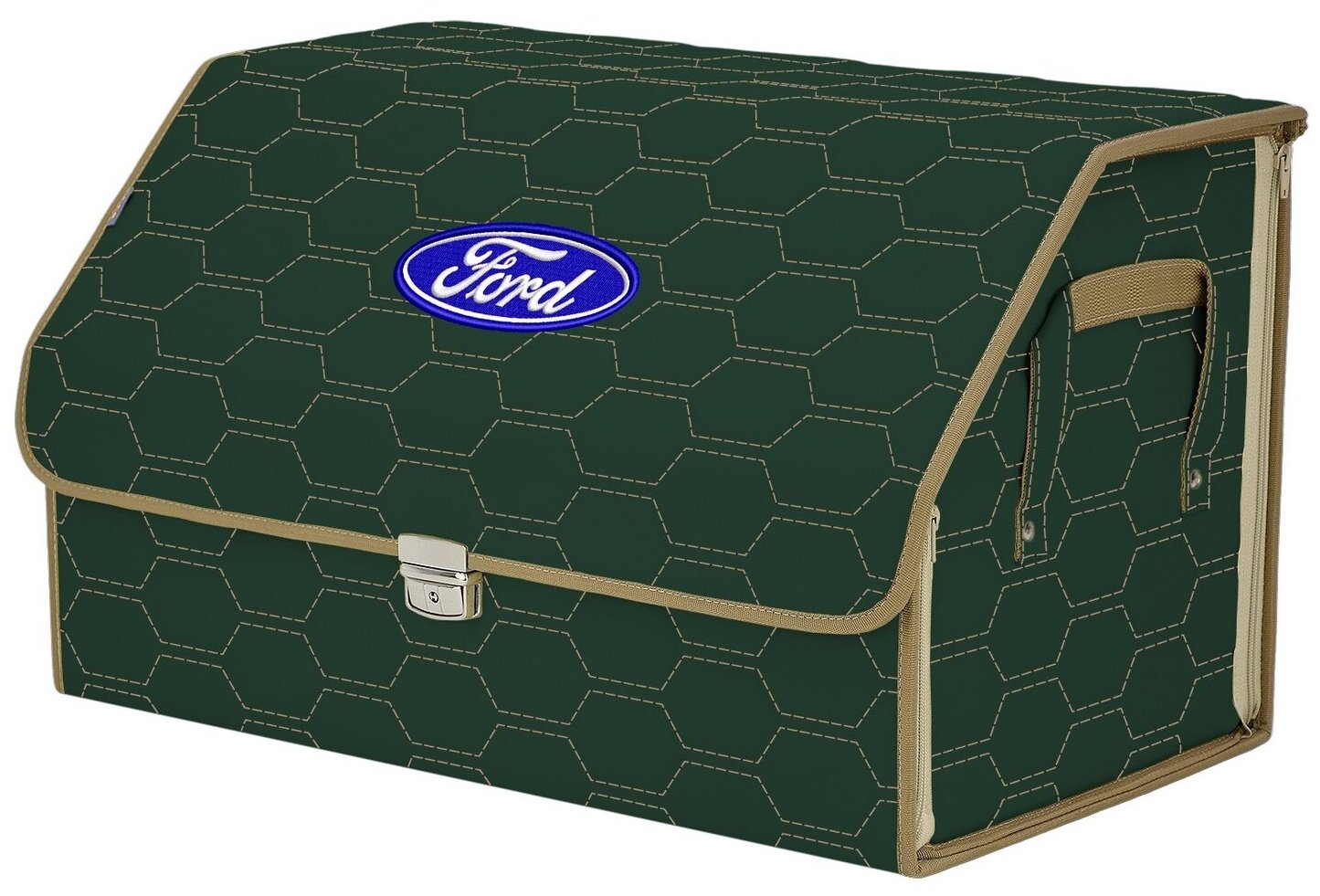 Органайзер-саквояж в багажник "Союз Премиум" (размер XL). Цвет: зеленый с бежевой прострочкой Соты и вышивкой Ford (Форд).