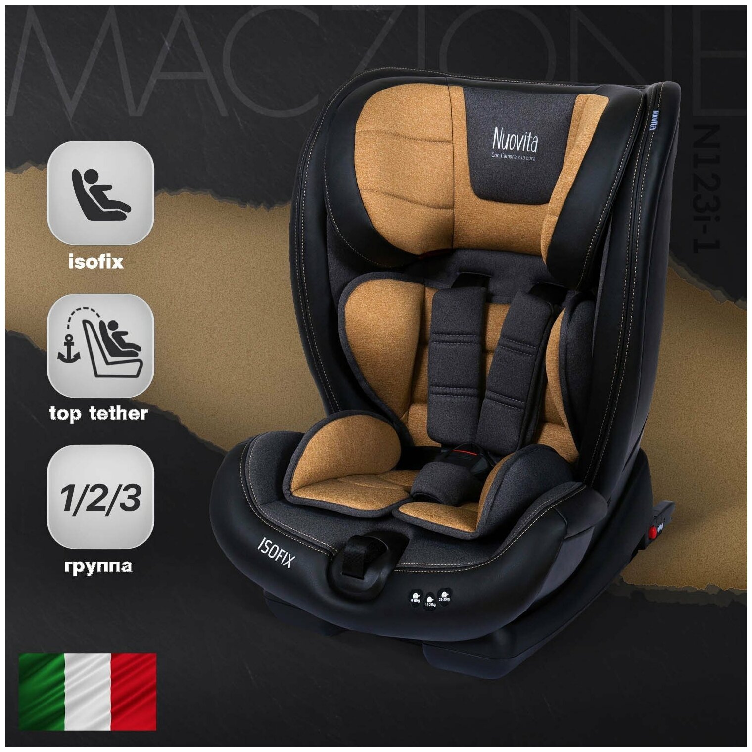 Автокресло Nuovita Maczione N123i-1 (Beige/Бежевый) Группа: 1/2/3 – от 9 месяцев до 12 лет (вес 9-36 кг)