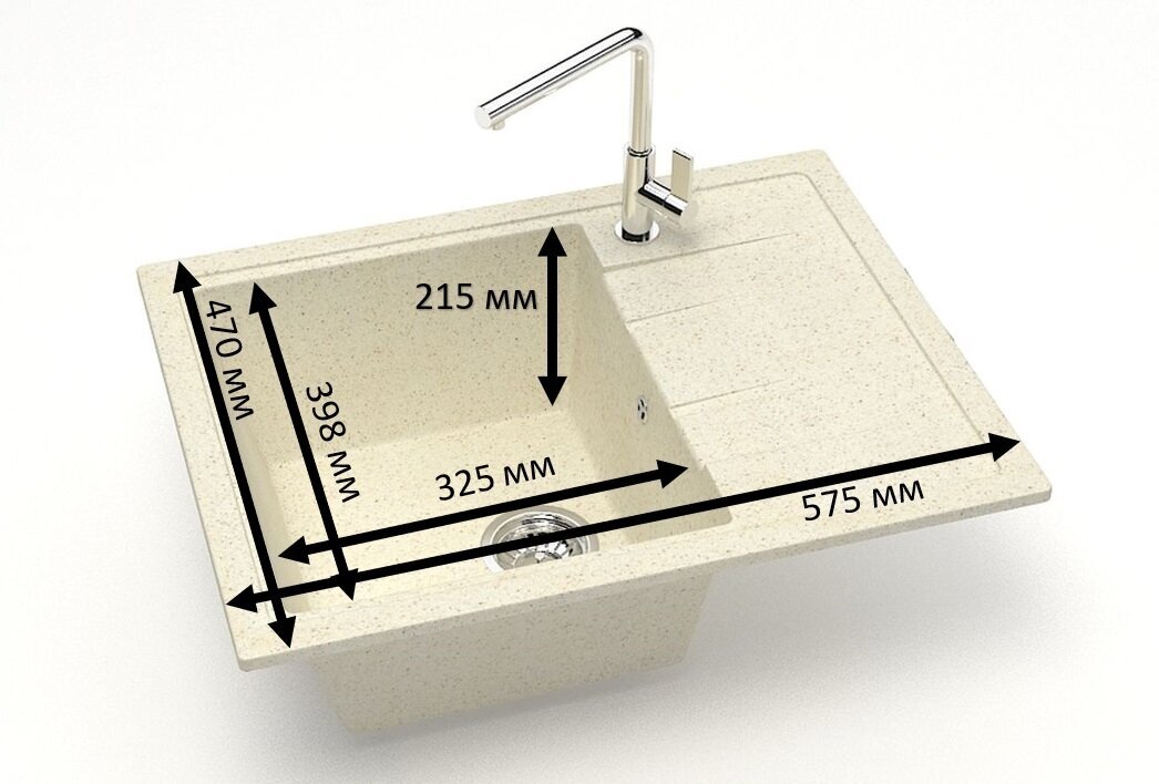 Кухонная мойка Карельский камень модель 150 (575*470) Q2 Бежевая Marrbaxx каменная матовая с сифоном - фотография № 2