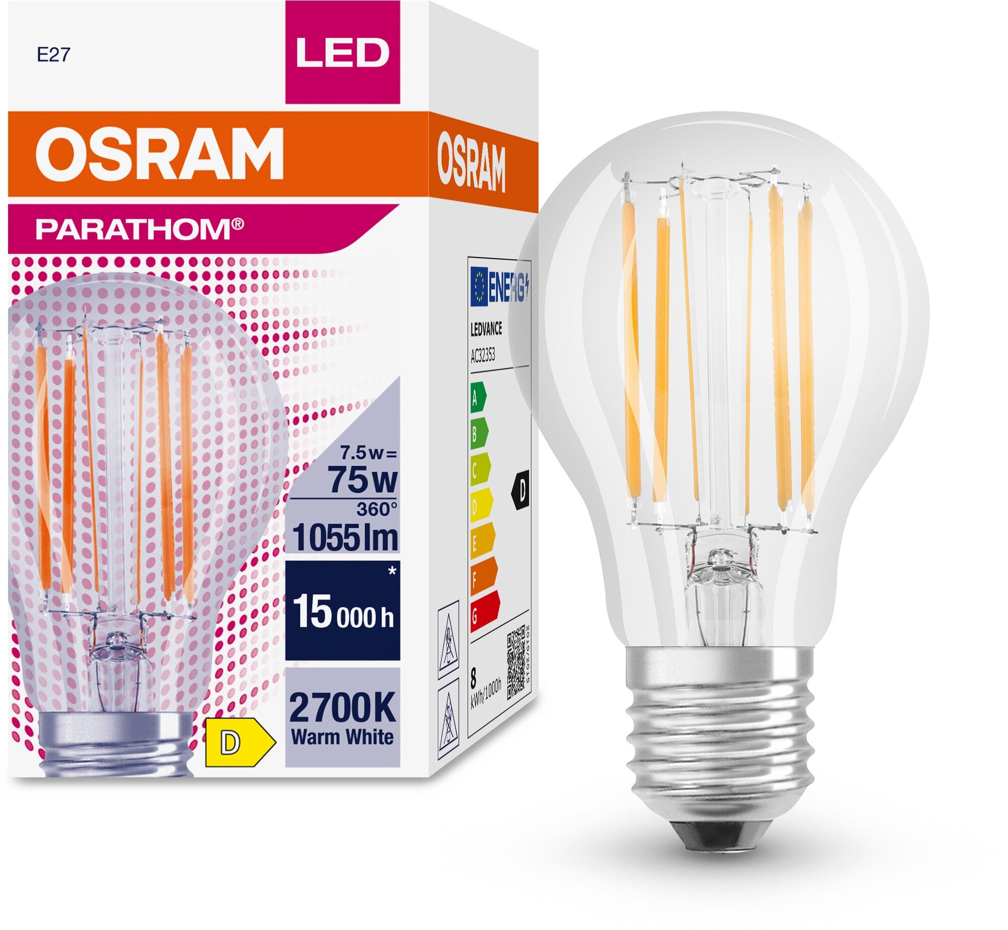 Лампочка светодиодная Osram 8W=75W 220V E27 Груша прозрачная A PARATHOM 1055Лм Филаментная 2700K упаковка 1шт.