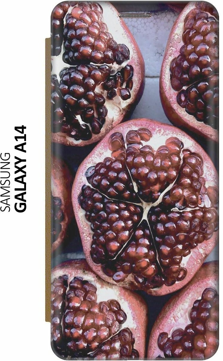 Чехол-книжка на Samsung Galaxy A14, Самсунг А14 c принтом "Гранаты" золотистый