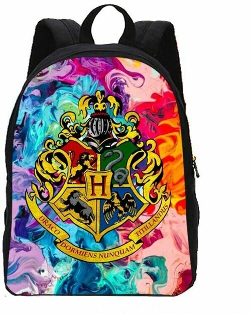 Рюкзак школьный с принтом герба Хогвартс на фоне в стиле флюид арт / Школьный портфель
