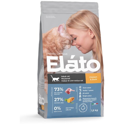 Корм сухой Elato Holistic Сat для взрослых стерилизованных кошек, с курицей и уткой 1,5 кг