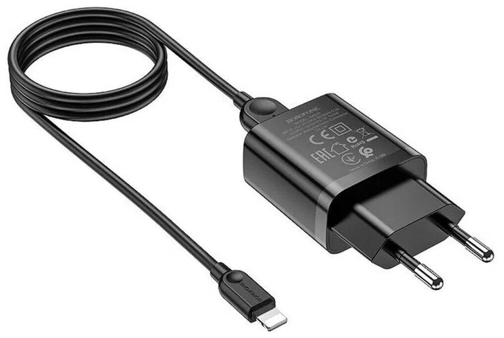 Сетевое зарядное устройство Borofone BA52A 1хUSB 2.1 А кабель Lightning 1 м черный