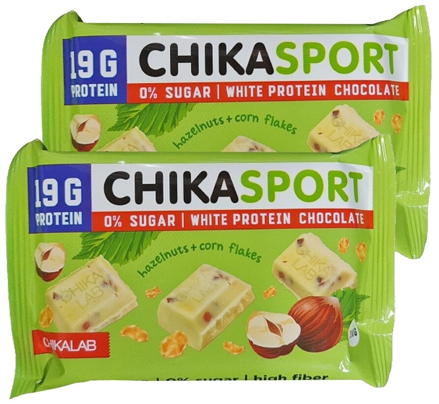 Chikalab белый шоколад Chikasport протеиновый без сахара с фундуком и кукурузными чипсами 2шт по 100г