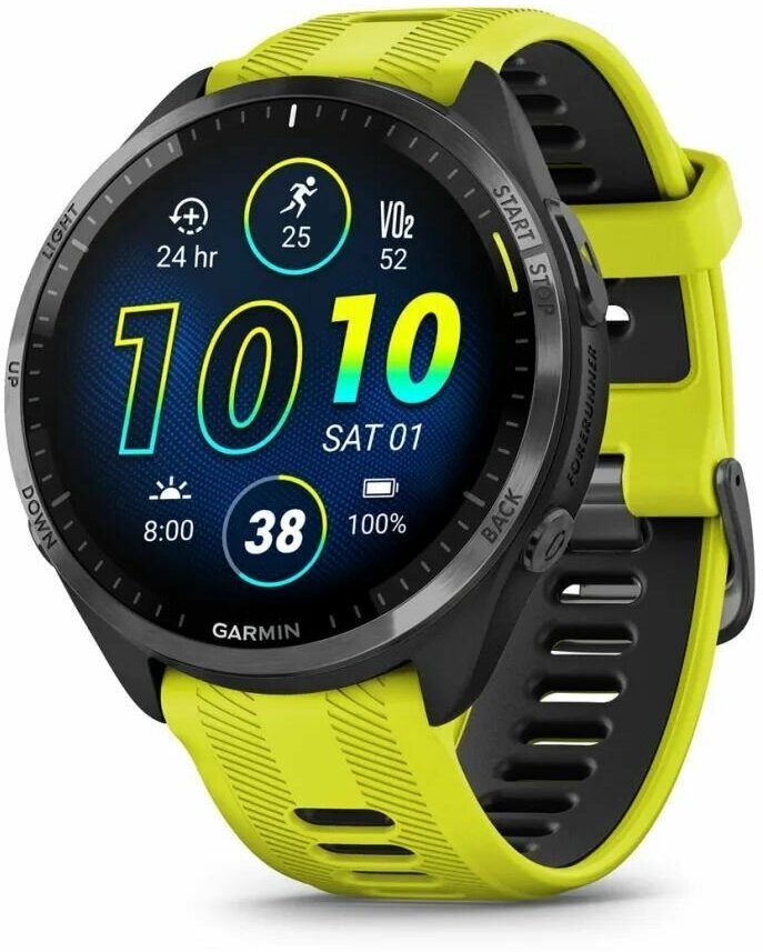 Смарт-часы GARMIN Forerunner 965 черные, темно-серый DLC титановый безель, с желто-черным ремешком (010-02809-12)