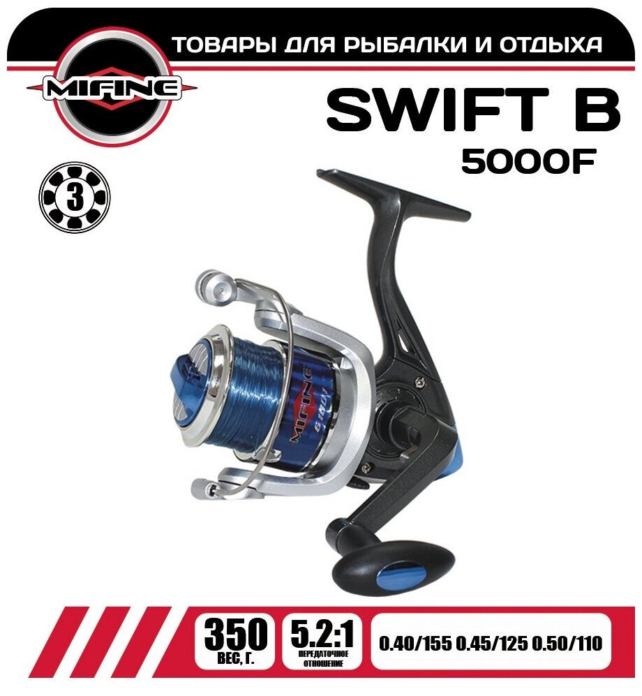 Катушка рыболовная MIFINE SWIFT B 5000F-3B синего цвета шпуля с леской для спиннинга для удочки