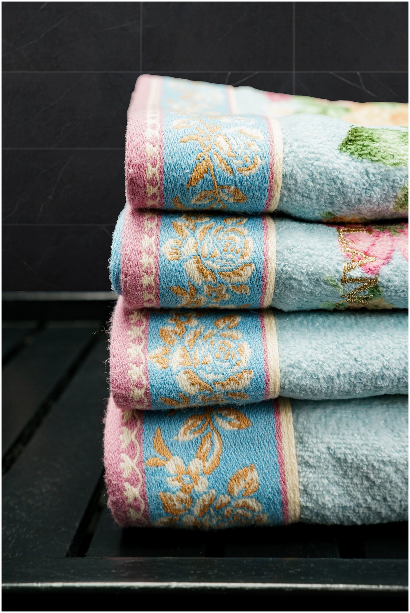 Набор полотенец для рук и лица 2 шт, полотенце для ванной махровое, велюровое BOLANGDE, 100% хлопок, рисунок цветы, Япония Пионы34х78, голубой - фотография № 12