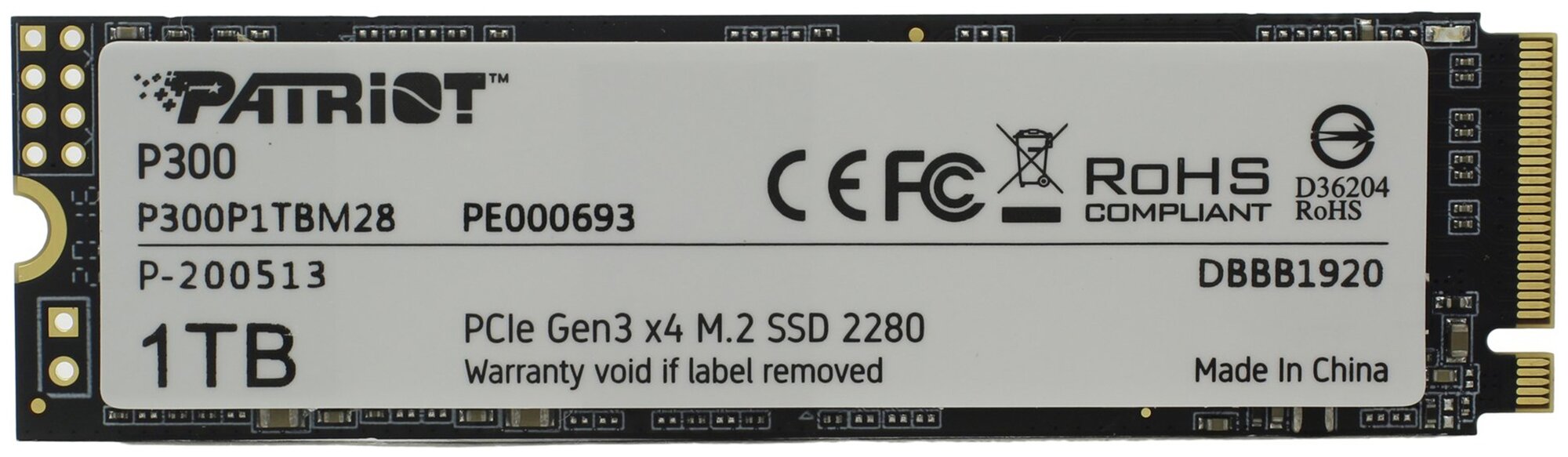 Накопитель SSD M.2 Patriot Memory P300P1TBM28 1.0TB, PCI-E 3.0 x4, up to 2100/1650MBs, 290000 IOPs, 3D TLC, SMI2263XT, TBW 320TB, 22х80mm
