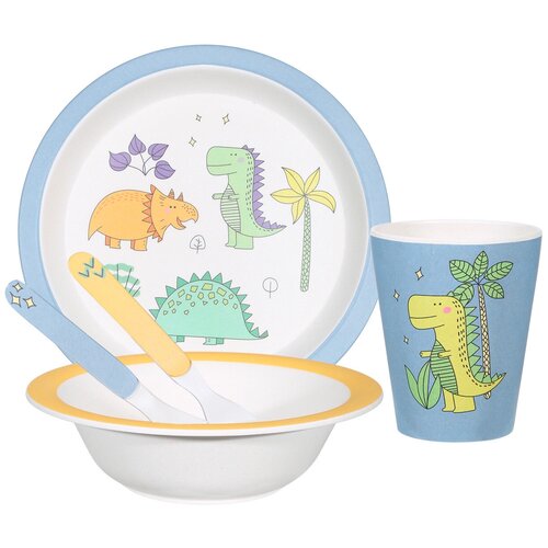 Набор посуды Kuchenland, детский, 5 пр, бамбук, желто-голубой, Динозавр, Dino
