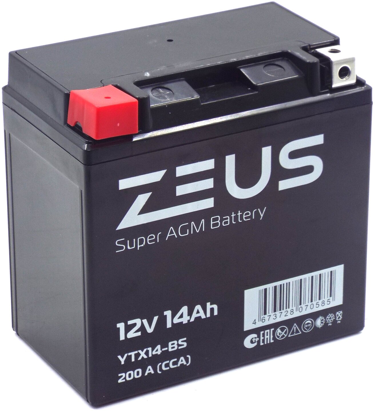Аккумулятор стартерный для мотоцикла/квадроцикла/скутера ZEUS SUPER AGM 14 Ач п. п. (YTX14-BS) (12V/14Ah) (СТ 1214, UTX14-BS)