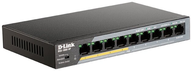 Коммутатор D-Link DSS-100E-9P/B1A, L2 Unmanaged Surveillance Switch with 8 10/100Base-TX ports and 110/100/1000Base-T port(8 PoE ports 802.3af/802.3at (30 W), PoE Budget92 W, up to 250 m power deliver - фото №1