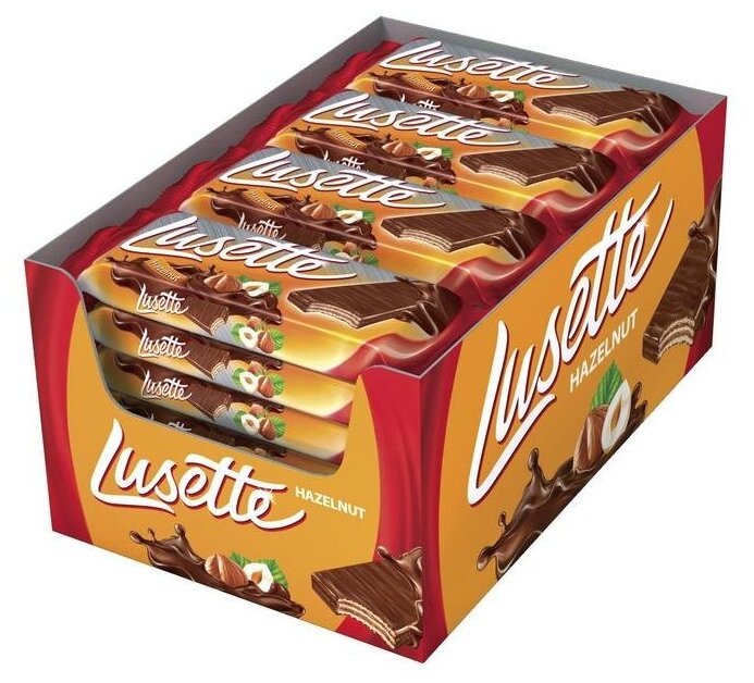 Вафли Lusette с начинкой с лесными орехами в молочно-какао глазури 840 г, шоу-бокс 28 шт х 30 г - фотография № 1