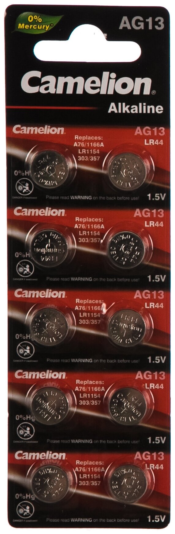 Батарейка для часов Camelion G13 BL-10 Mercury Free AG13-BP10 0%Hg 357A/LR44/A76 12821 15905405