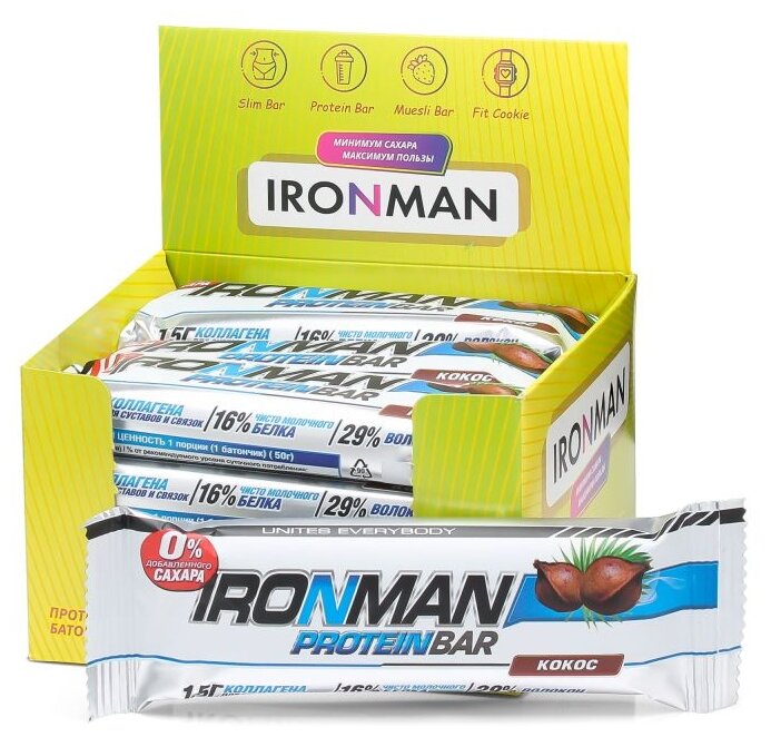 "IRONMAN" Батончик (шоу-бокс 12 шт.) "Protein Bar" с коллагеном без сахара, 50 г (Кокос / тёмная глазурь)